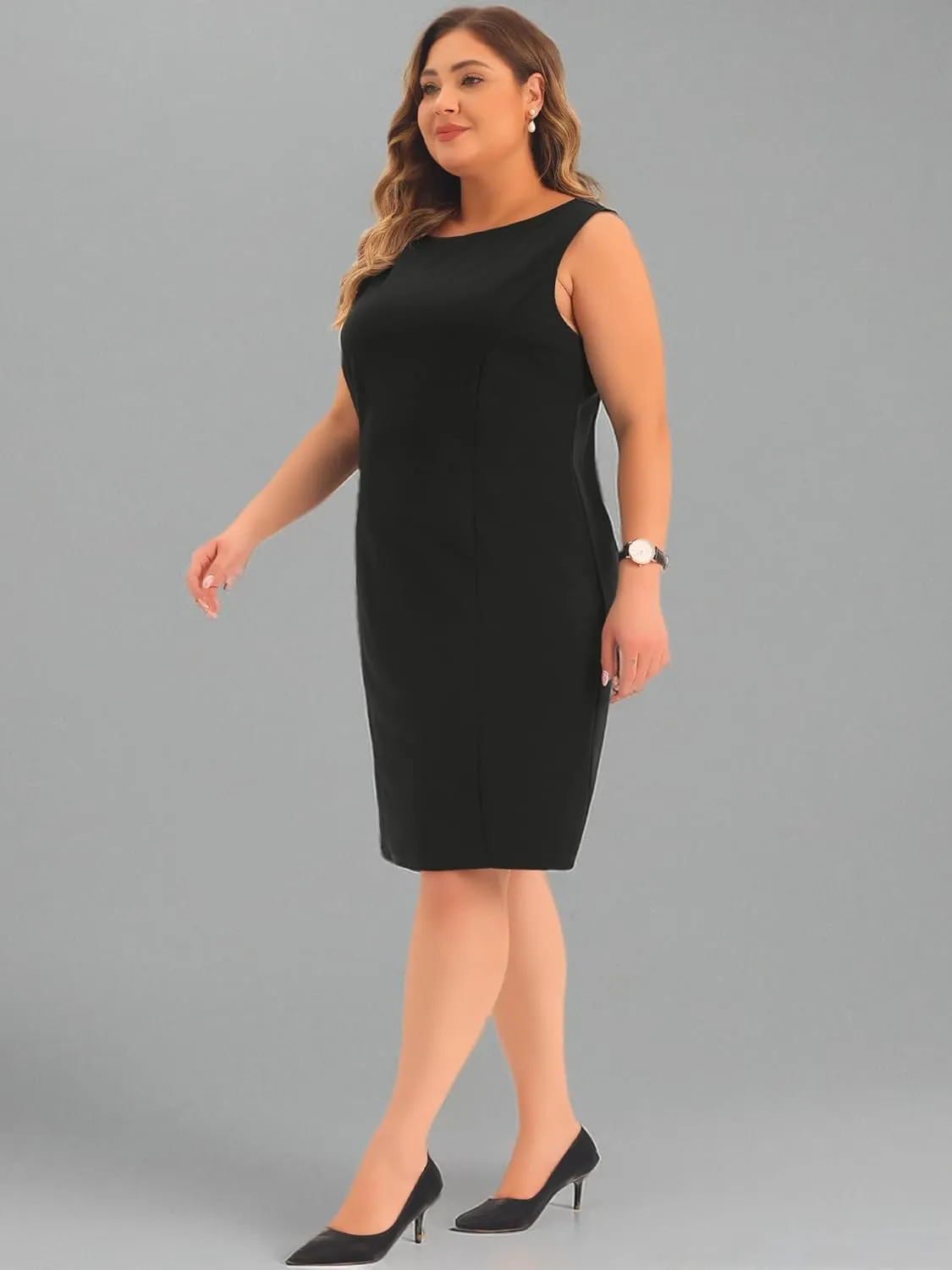 Agnes Orinda Plus Size Sheath Dress for Women Sleeveless Boat Neck Casual Straight Pencil Work Dresses