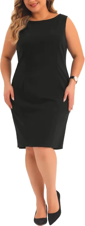 Agnes Orinda Plus Size Sheath Dress for Women Sleeveless Boat Neck Casual Straight Pencil Work Dresses