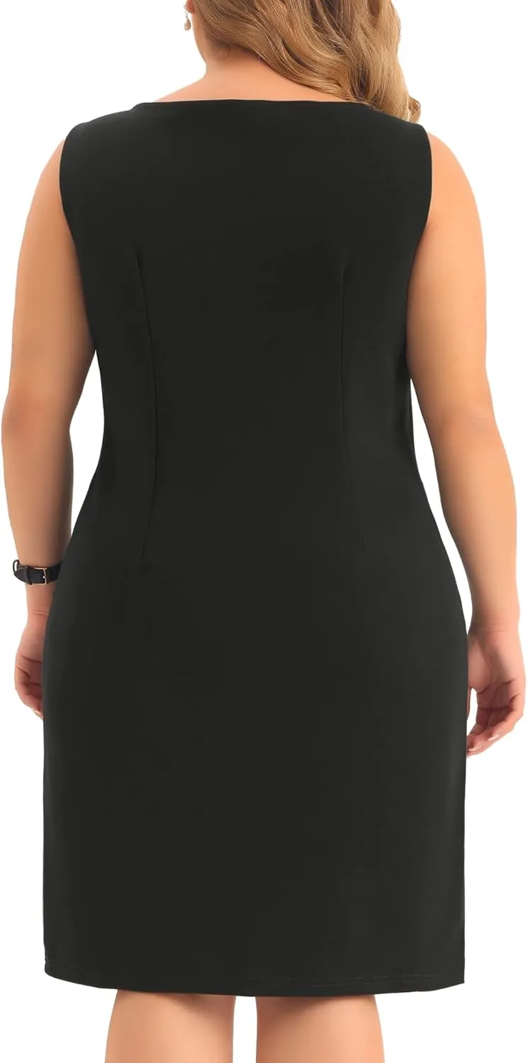 Agnes Orinda Plus Size Sheath Dress for Women Sleeveless Boat Neck Casual Straight Pencil Work Dresses