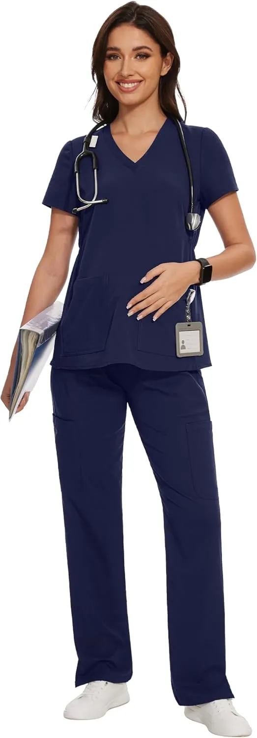 AMPOSH Women's Maternity Scrub Pants with 6 Pockets Stretchy Straight Leg Pregnancy Workwear
