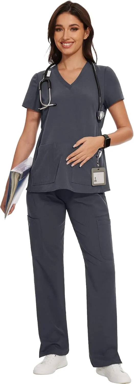 AMPOSH Women's Maternity Scrub Pants with 6 Pockets Stretchy Straight Leg Pregnancy Workwear