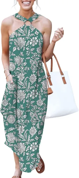 ANRABESS Women Summer Halter Neck Sundress Sleeveless Split Side Casual Beach Travel Vacation Maxi Long Dress with Pockets