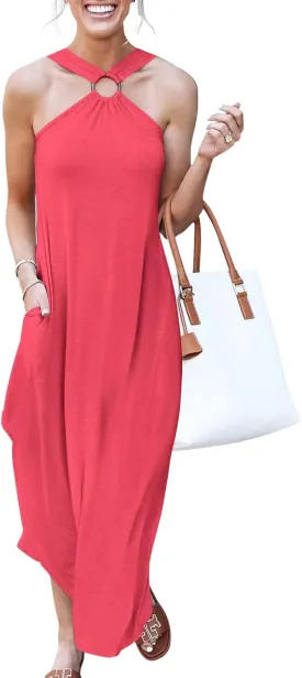 ANRABESS Women Summer Halter Neck Sundress Sleeveless Split Side Casual Beach Travel Vacation Maxi Long Dress with Pockets