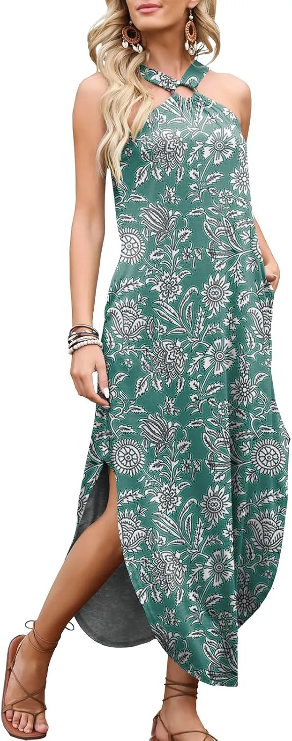 ANRABESS Women Summer Halter Neck Sundress Sleeveless Split Side Casual Beach Travel Vacation Maxi Long Dress with Pockets