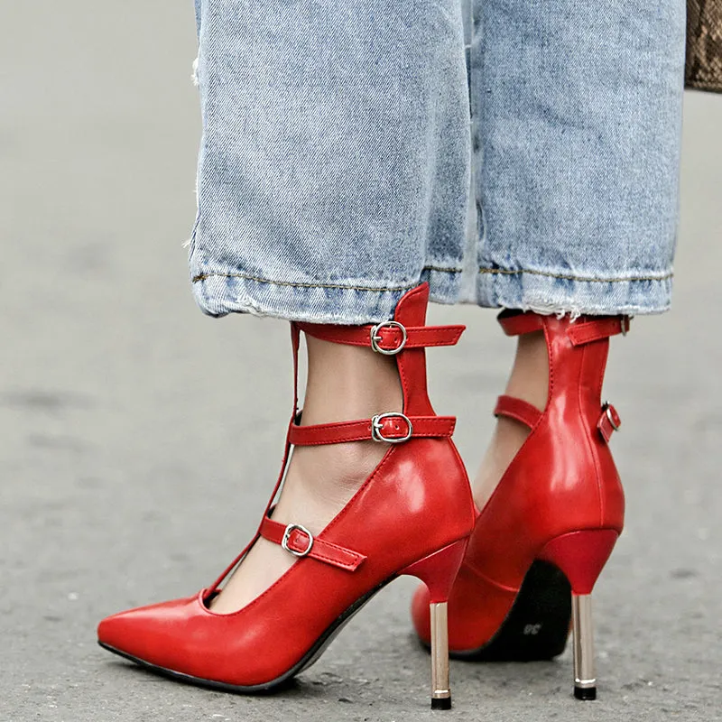 Bigsizeheels Stilettos with hollow pointed toes and chrome plating - Red