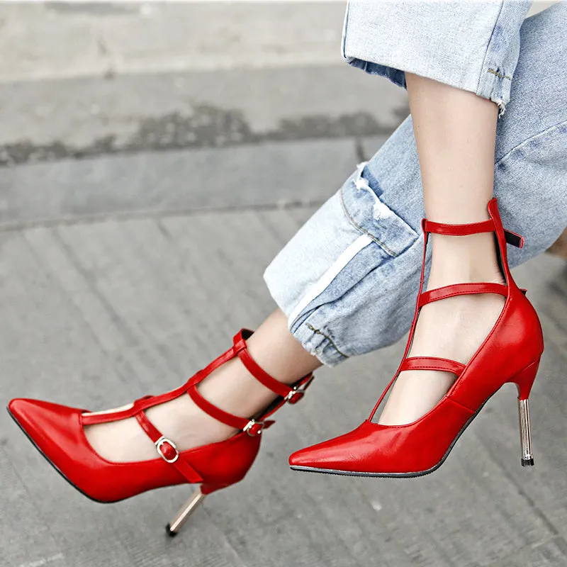 Bigsizeheels Stilettos with hollow pointed toes and chrome plating - Red