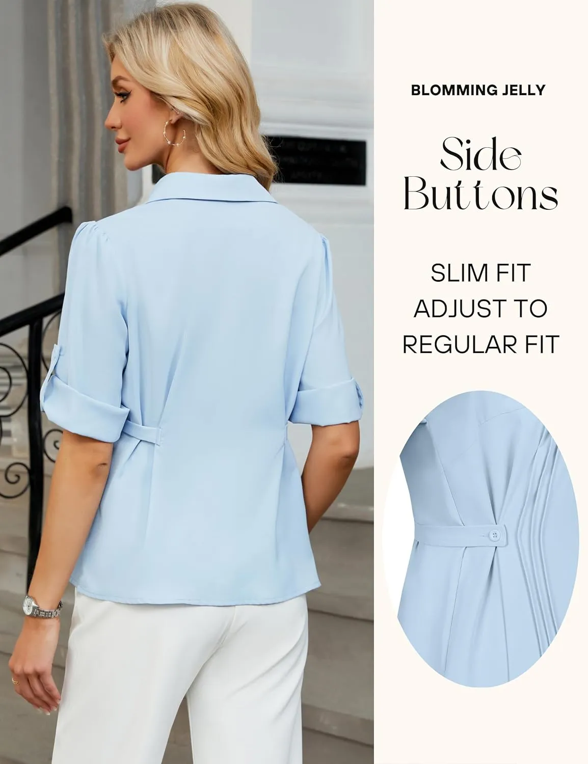 Blooming Jelly Womens Button Down Shirt 3/4 Sleeve Collared Pleated Business Casual Tops Ladies Trendy Summer Work Blouse