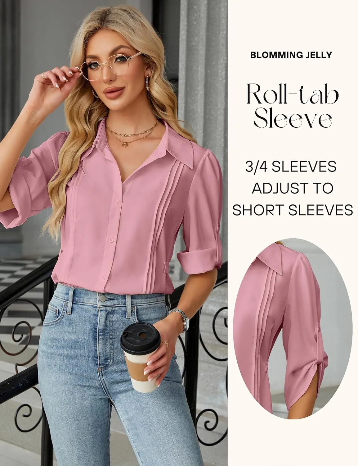 Blooming Jelly Womens Button Down Shirt 3/4 Sleeve Collared Pleated Business Casual Tops Ladies Trendy Summer Work Blouse