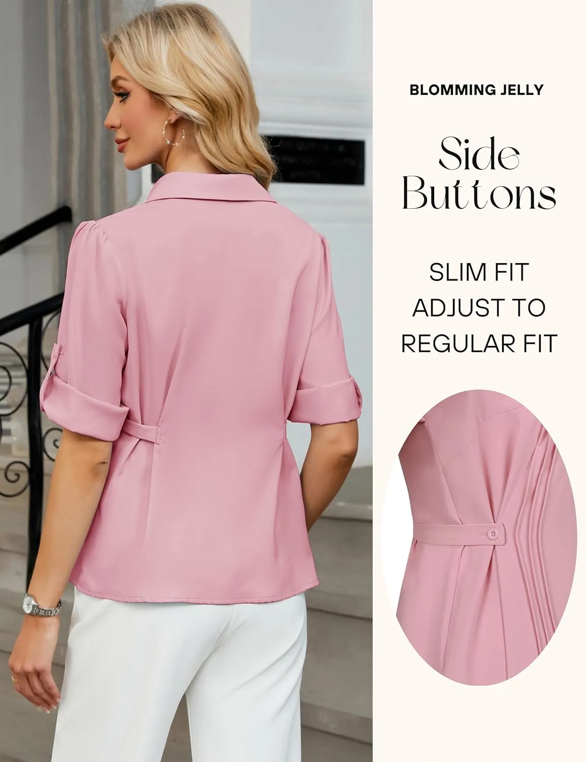 Blooming Jelly Womens Button Down Shirt 3/4 Sleeve Collared Pleated Business Casual Tops Ladies Trendy Summer Work Blouse