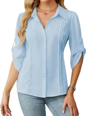 Blooming Jelly Womens Button Down Shirt 3/4 Sleeve Collared Pleated Business Casual Tops Ladies Trendy Summer Work Blouse