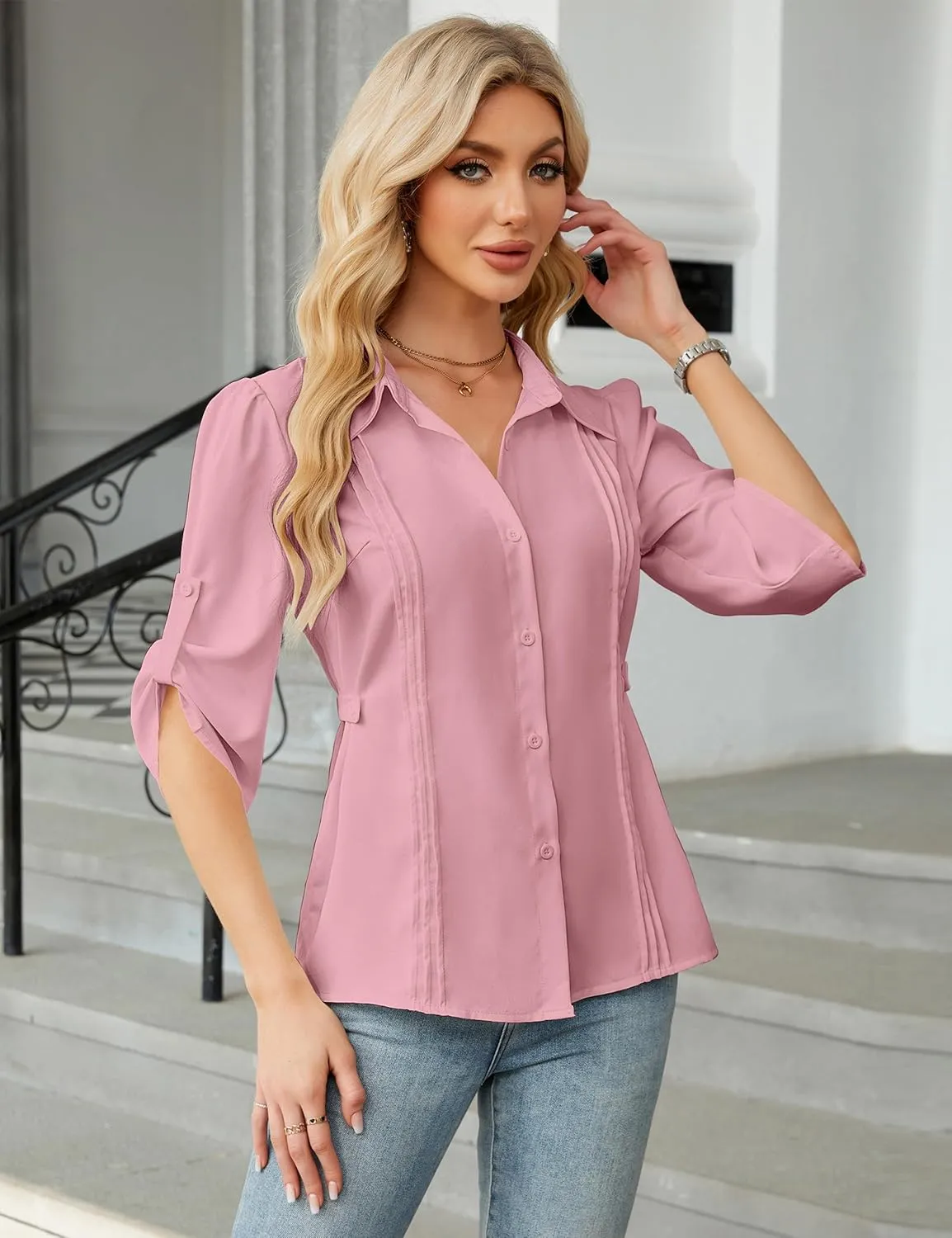 Blooming Jelly Womens Button Down Shirt 3/4 Sleeve Collared Pleated Business Casual Tops Ladies Trendy Summer Work Blouse