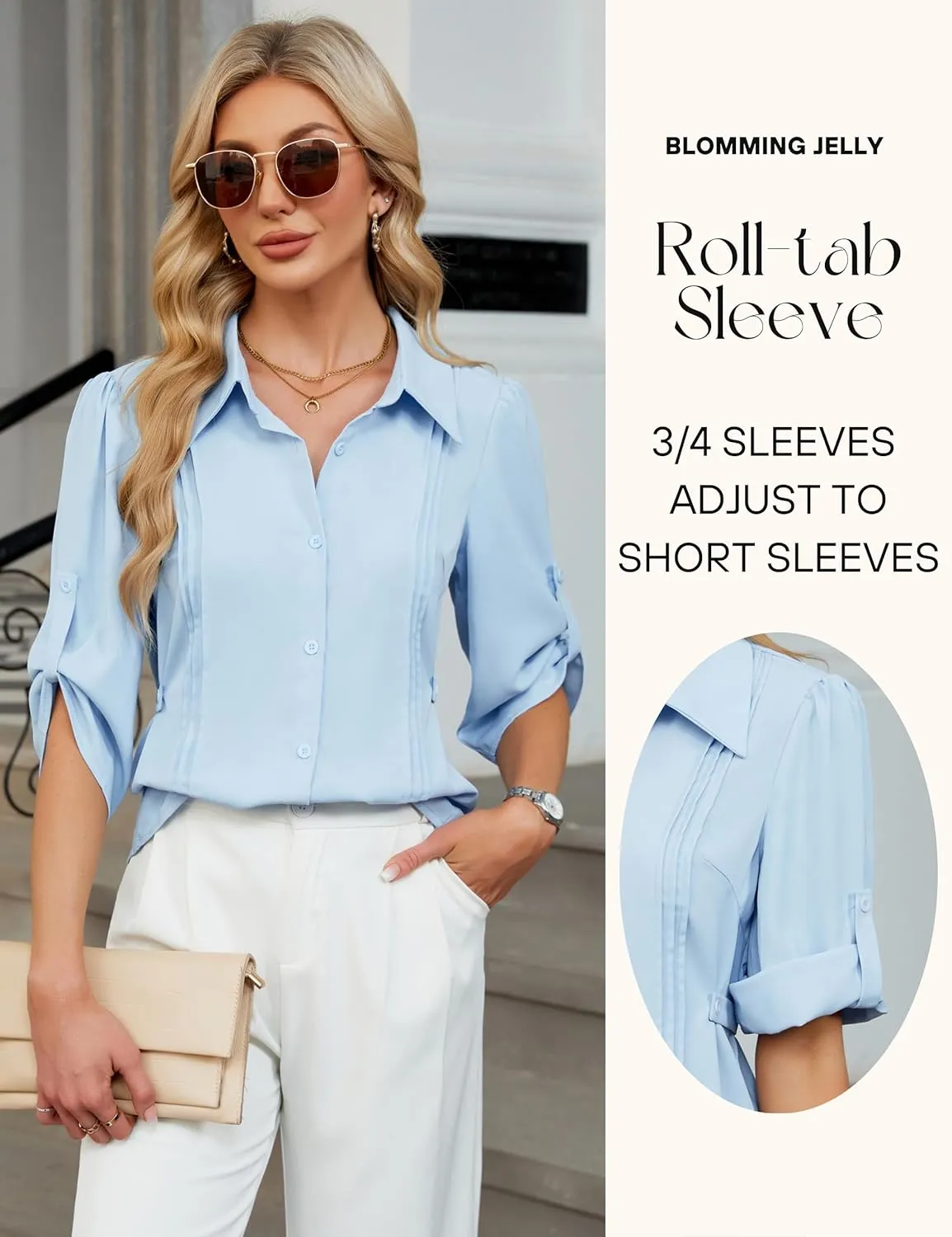 Blooming Jelly Womens Button Down Shirt 3/4 Sleeve Collared Pleated Business Casual Tops Ladies Trendy Summer Work Blouse