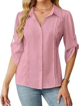 Blooming Jelly Womens Button Down Shirt 3/4 Sleeve Collared Pleated Business Casual Tops Ladies Trendy Summer Work Blouse