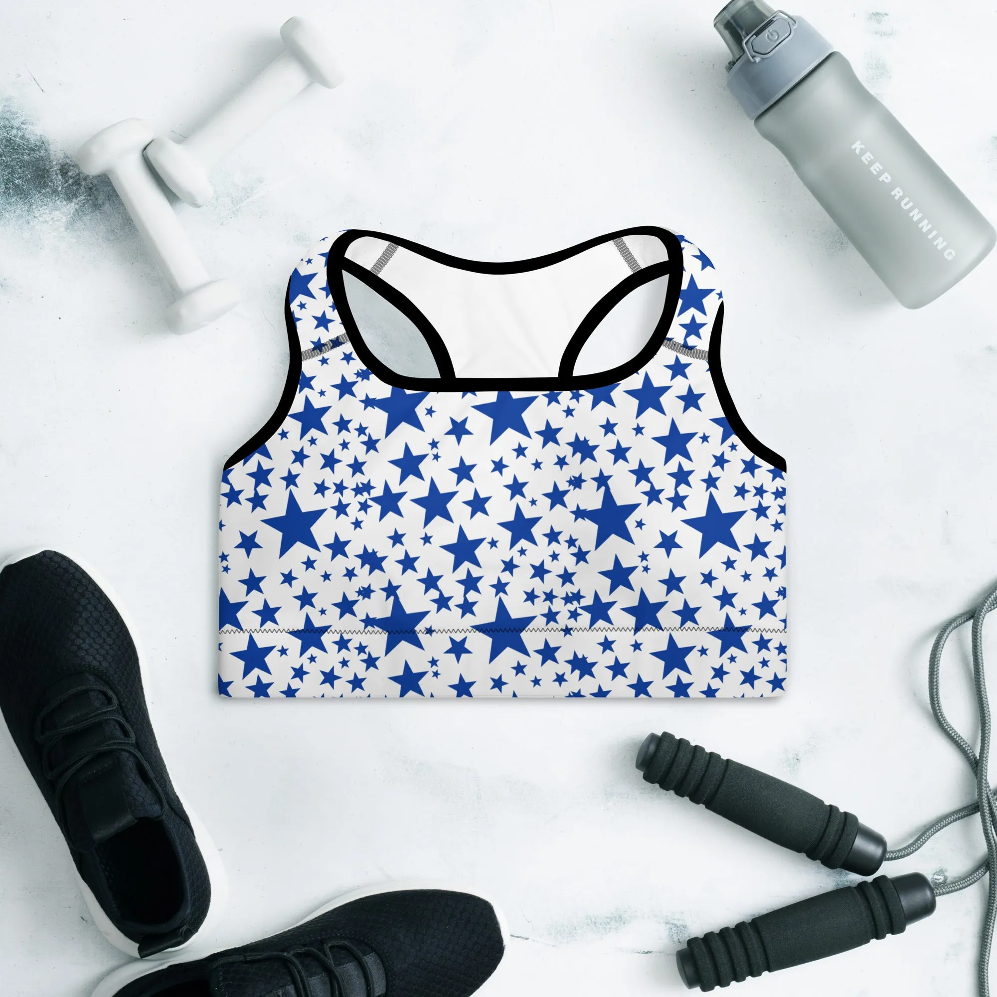 Blue Starry Padded Sports Bra, Best Padded Sports Workout Fitness Bra For Ladies - Made in USA/EU/MX