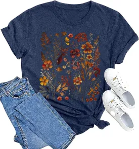 Boho Flower T-Shirt Womens Garden Lover Shirt Botanical Wildflowers Graphic Tees Vintage Cottagecore Short Sleeve Tops