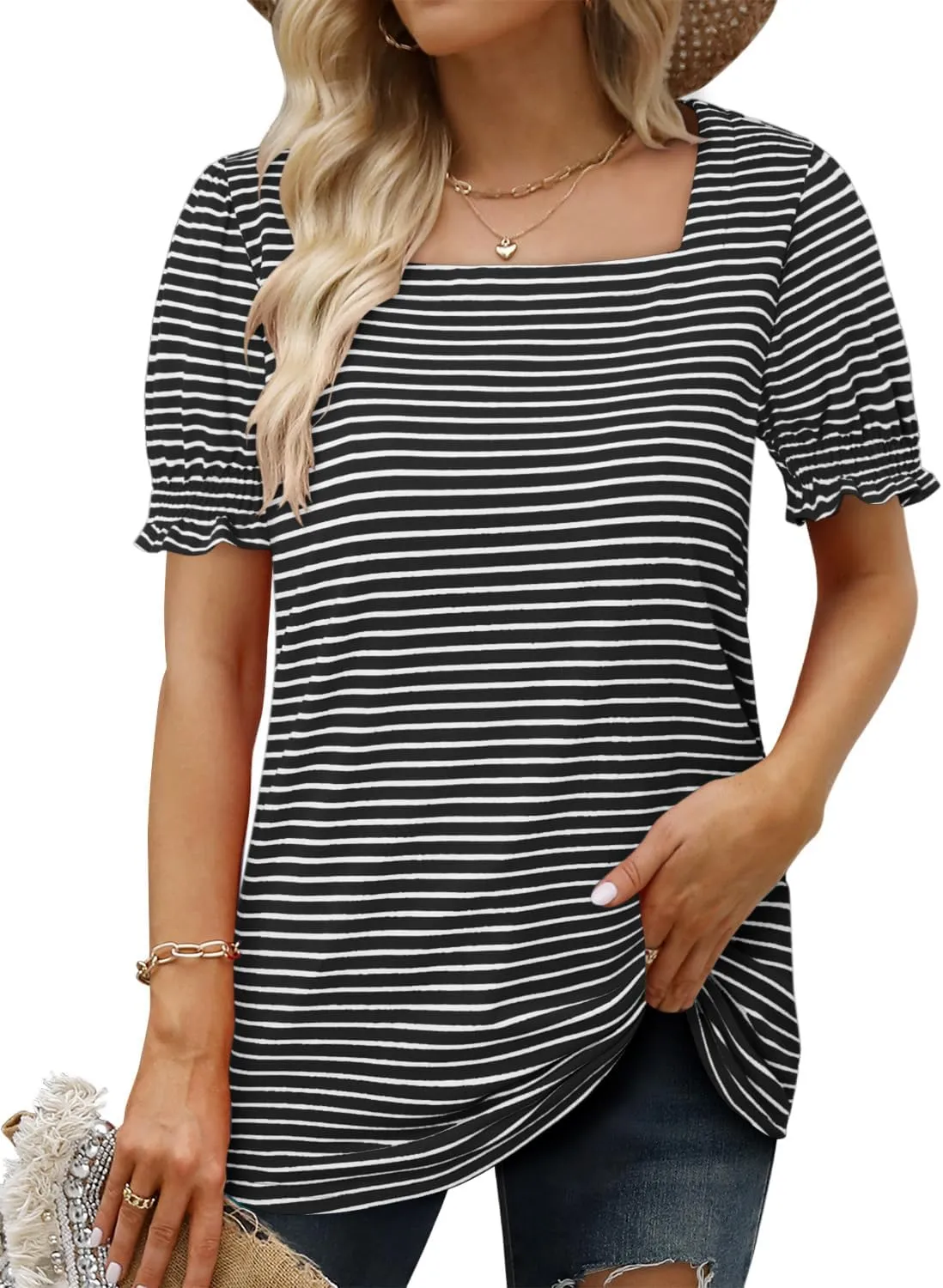 CRAZY GRID Womens Trendy Summer Tops Puff Sleeve Loose Fit Shirts Dressy Casual Blouses