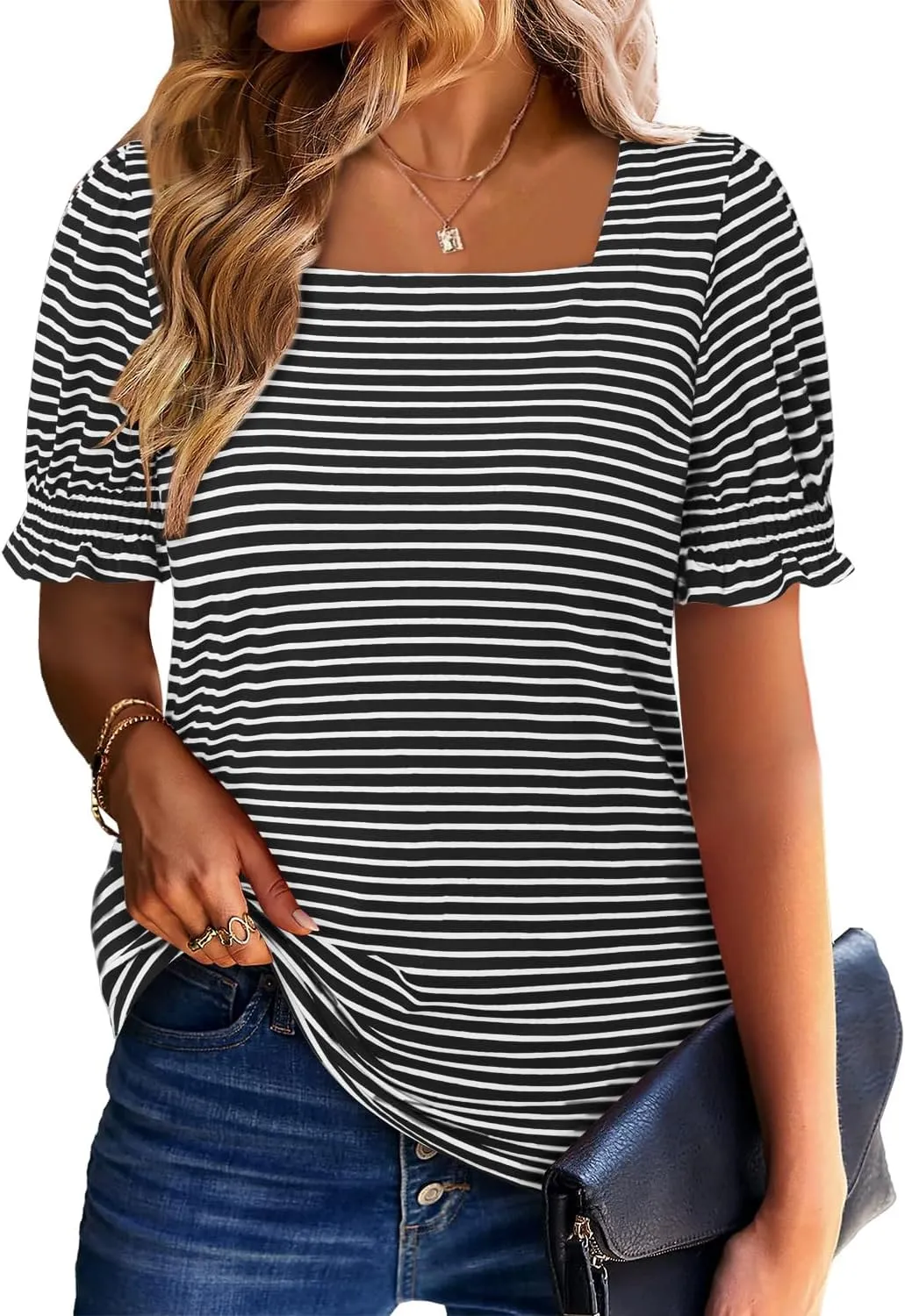 CRAZY GRID Womens Trendy Summer Tops Puff Sleeve Loose Fit Shirts Dressy Casual Blouses