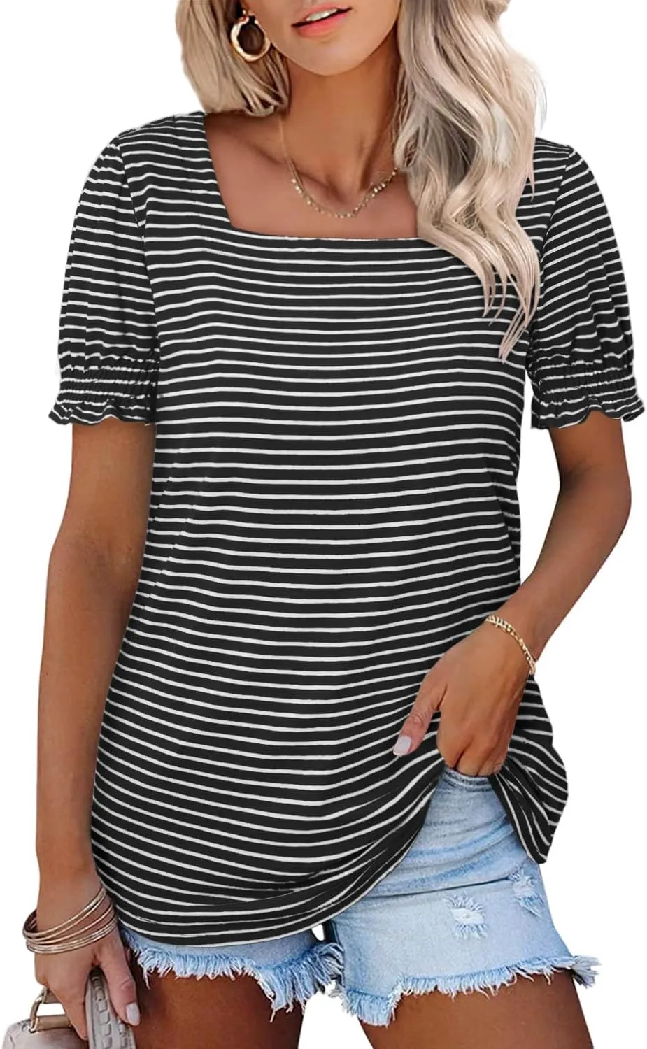 CRAZY GRID Womens Trendy Summer Tops Puff Sleeve Loose Fit Shirts Dressy Casual Blouses