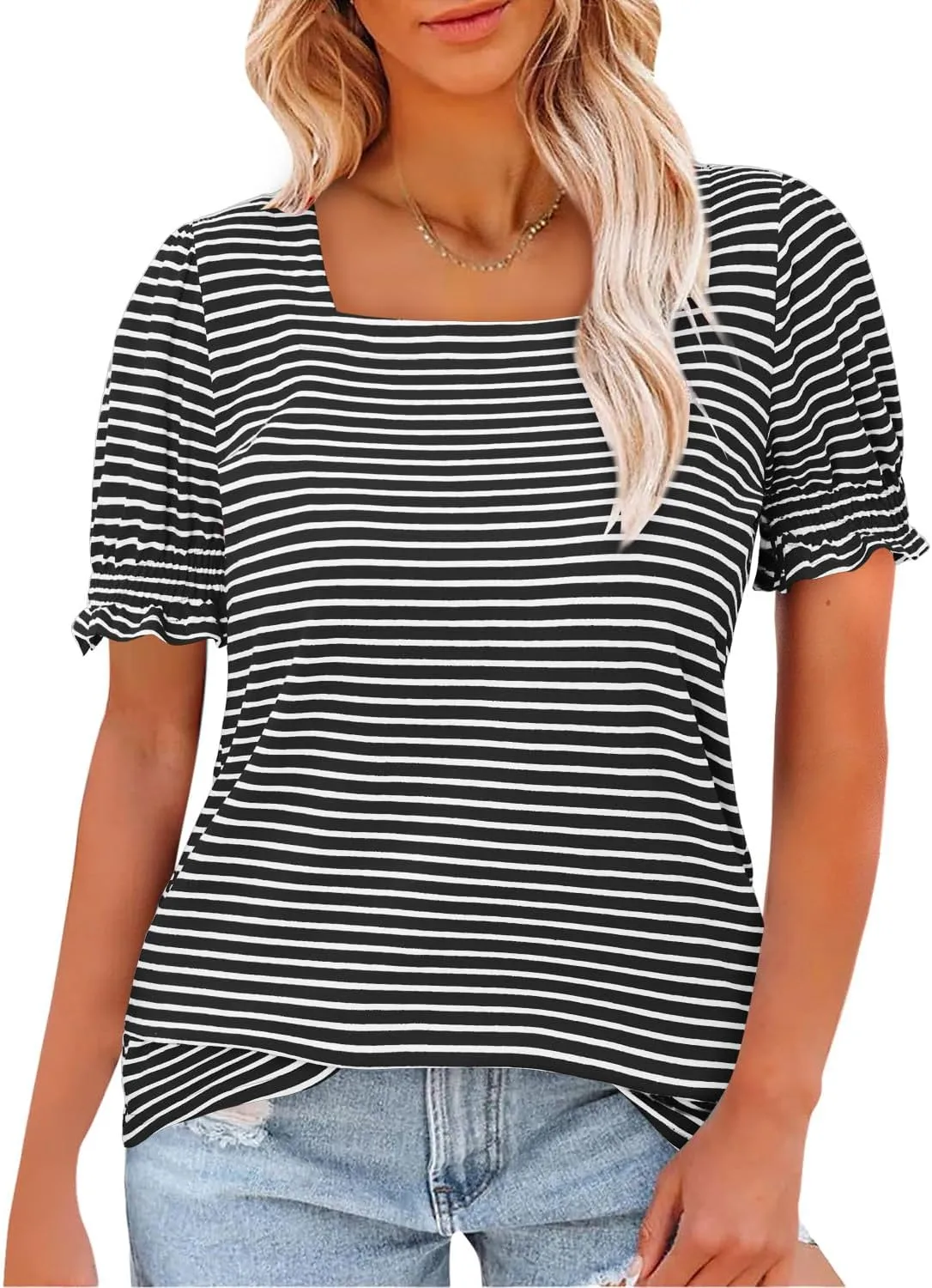 CRAZY GRID Womens Trendy Summer Tops Puff Sleeve Loose Fit Shirts Dressy Casual Blouses