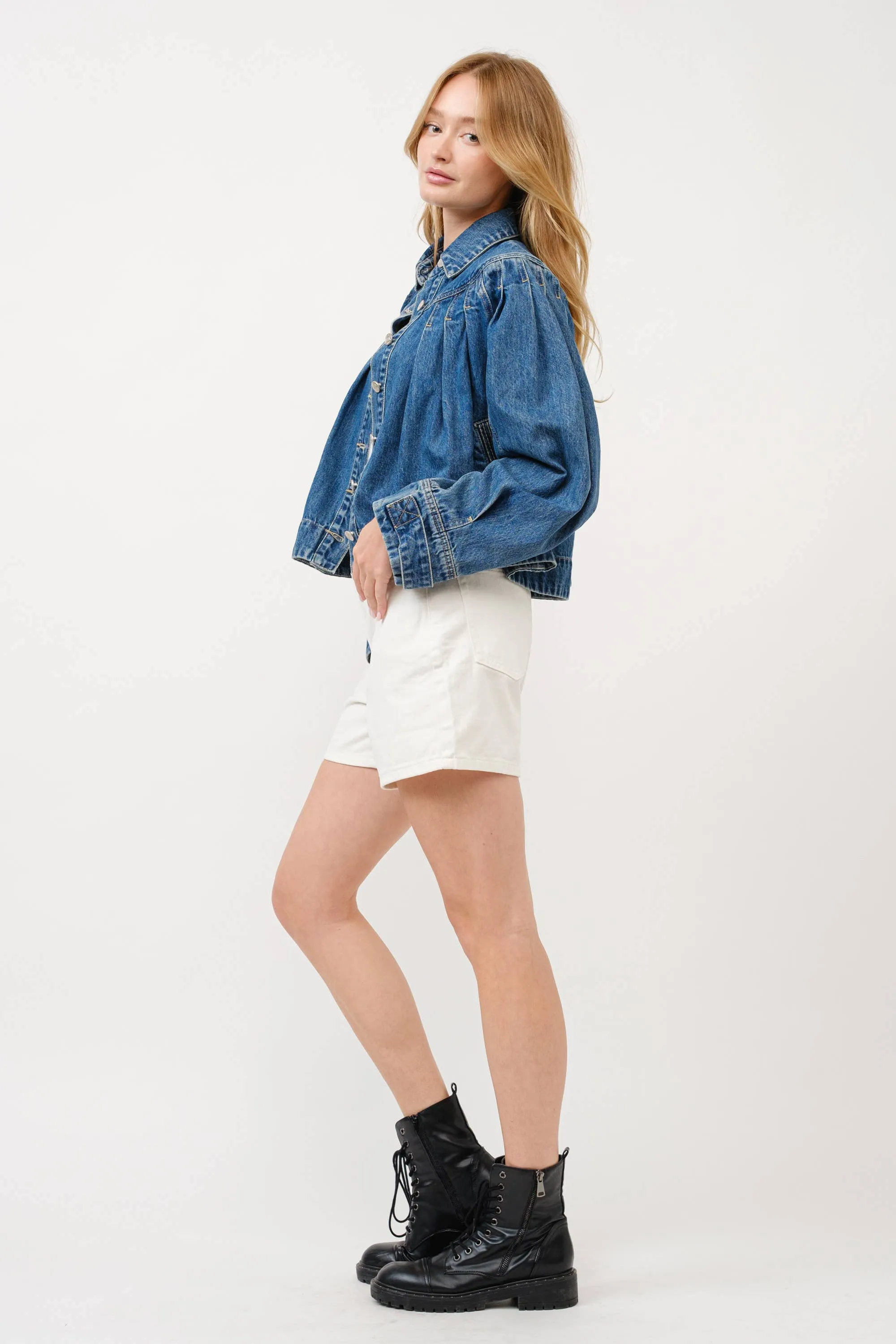 Debbie - Pleated Denim Jacket W/Stitch