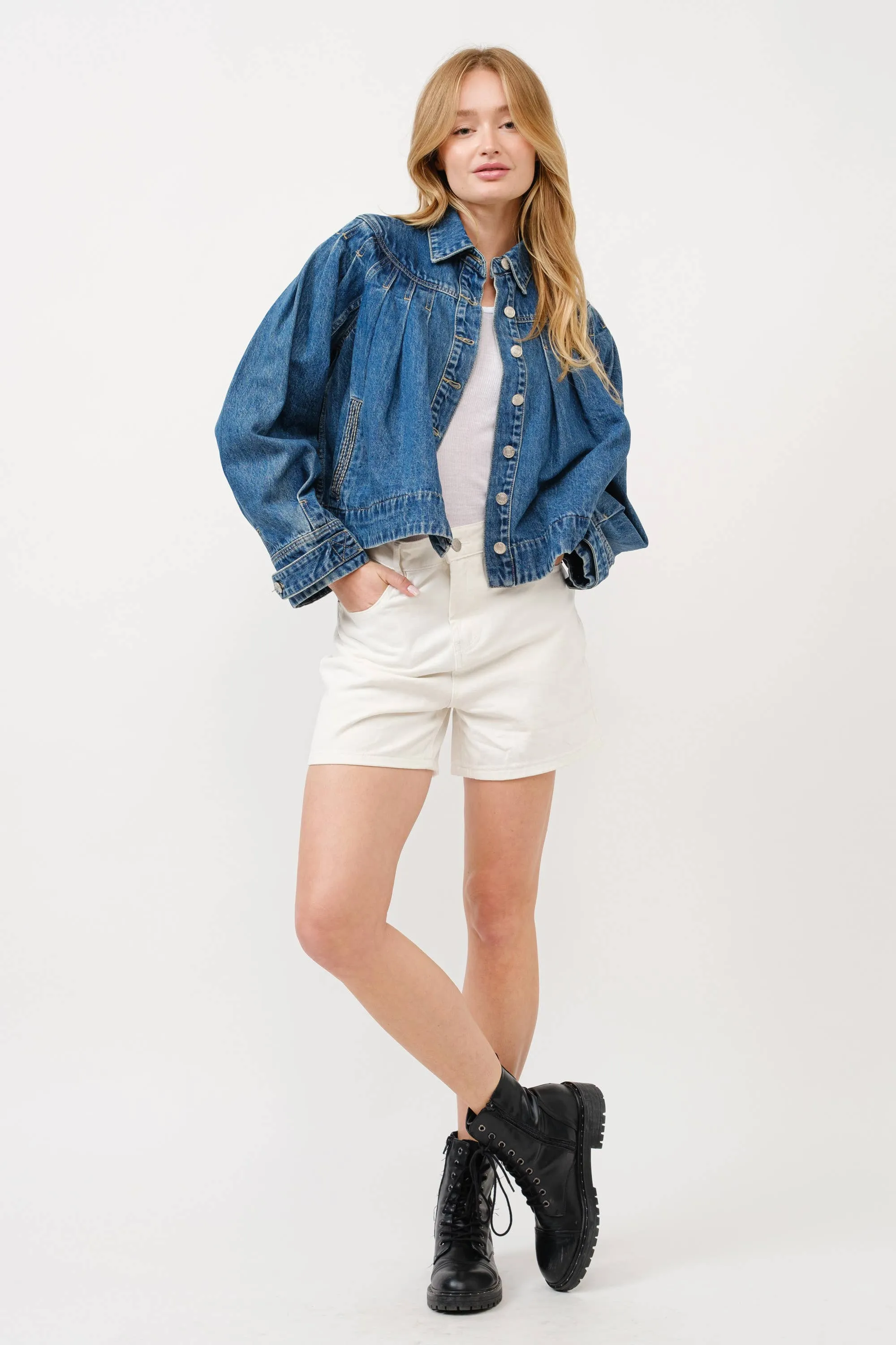 Debbie - Pleated Denim Jacket W/Stitch