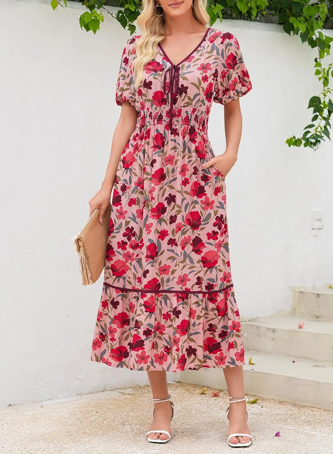 Dokotoo Womens Dresses V Neck Empire Waist Dress Summer Spring Short Sleeve Elegant Flowy Long Floral Maxi Dress
