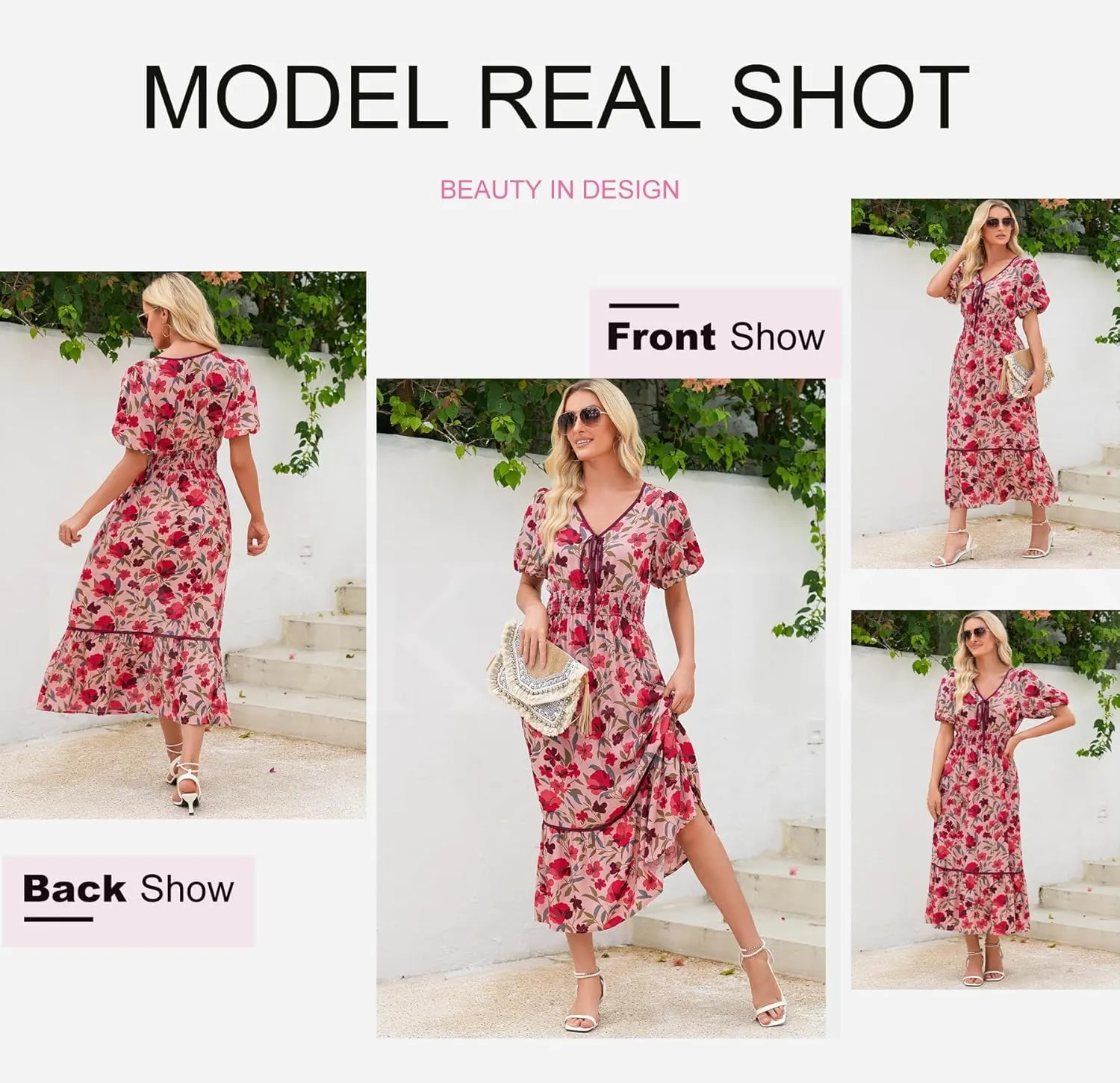 Dokotoo Womens Dresses V Neck Empire Waist Dress Summer Spring Short Sleeve Elegant Flowy Long Floral Maxi Dress