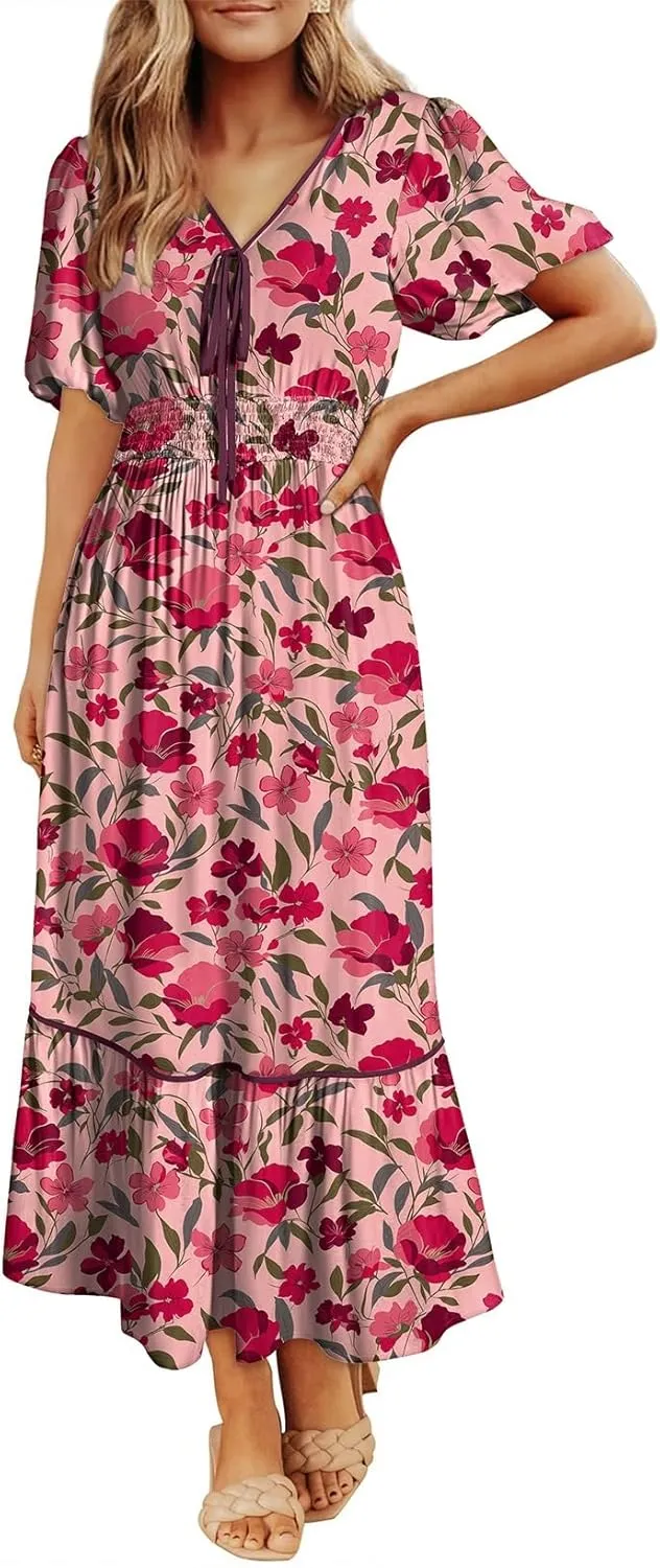 Dokotoo Womens Dresses V Neck Empire Waist Dress Summer Spring Short Sleeve Elegant Flowy Long Floral Maxi Dress