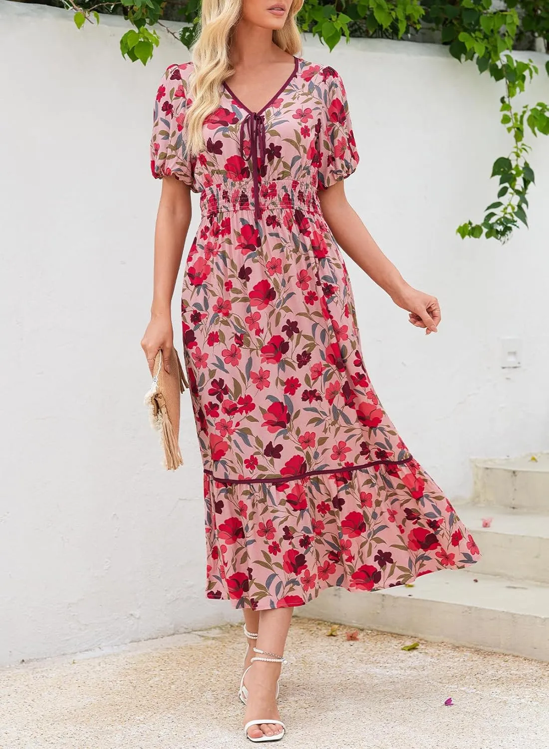 Dokotoo Womens Dresses V Neck Empire Waist Dress Summer Spring Short Sleeve Elegant Flowy Long Floral Maxi Dress