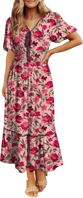 Dokotoo Womens Dresses V Neck Empire Waist Dress Summer Spring Short Sleeve Elegant Flowy Long Floral Maxi Dress
