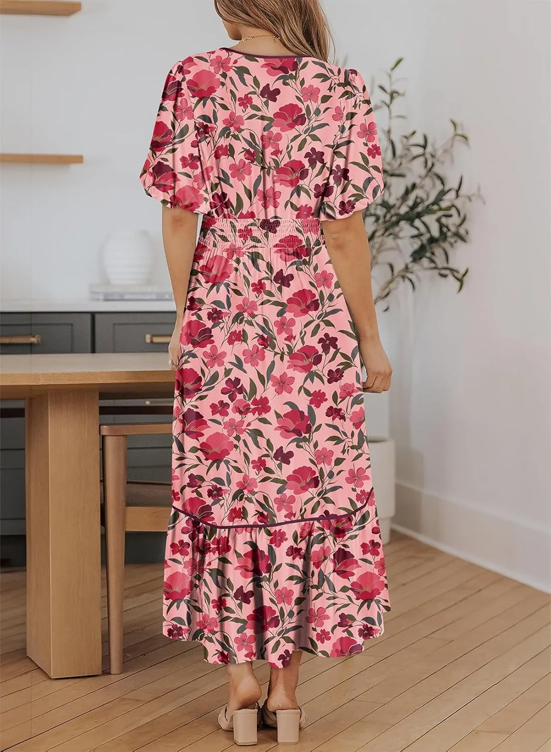 Dokotoo Womens Dresses V Neck Empire Waist Dress Summer Spring Short Sleeve Elegant Flowy Long Floral Maxi Dress