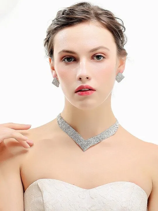 Elegant Rhodium-Plated Silver-Toned & White Crystal-Studded Jewellery Set