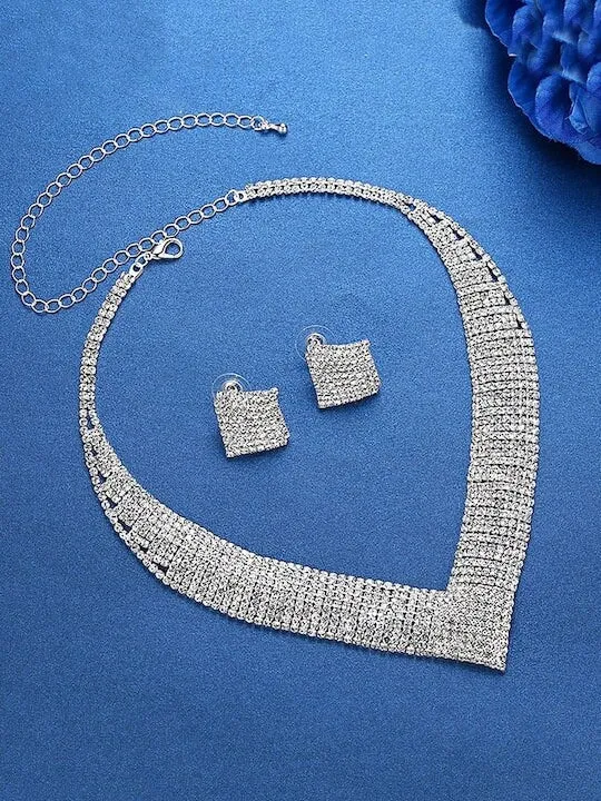 Elegant Rhodium-Plated Silver-Toned & White Crystal-Studded Jewellery Set