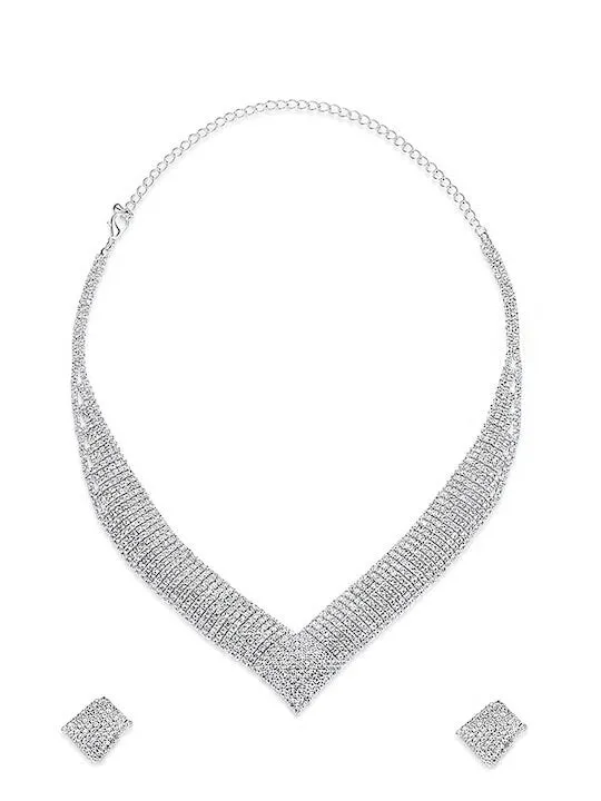 Elegant Rhodium-Plated Silver-Toned & White Crystal-Studded Jewellery Set