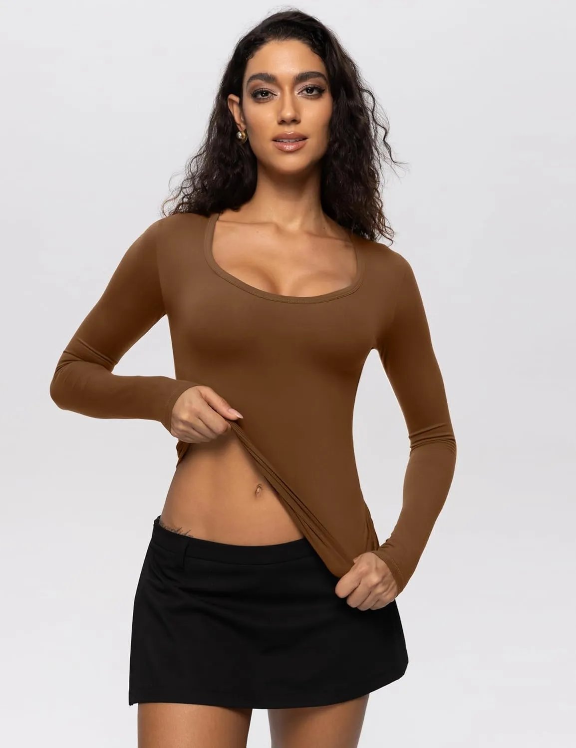 Enerful Women's 2/3 Pack Long Sleeve Shirts Scoop Neck Slim Fitted Tight Basic Casual Going Out Soft-Fuzz Tee Tops
