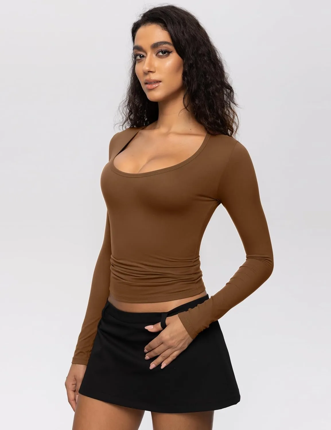 Enerful Women's 2/3 Pack Long Sleeve Shirts Scoop Neck Slim Fitted Tight Basic Casual Going Out Soft-Fuzz Tee Tops