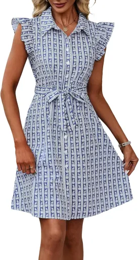 FENSACE Women's Summer Floral Ruffle Sleeve Button Shirt Dress A Line Belted Midi Dresses with Pockets