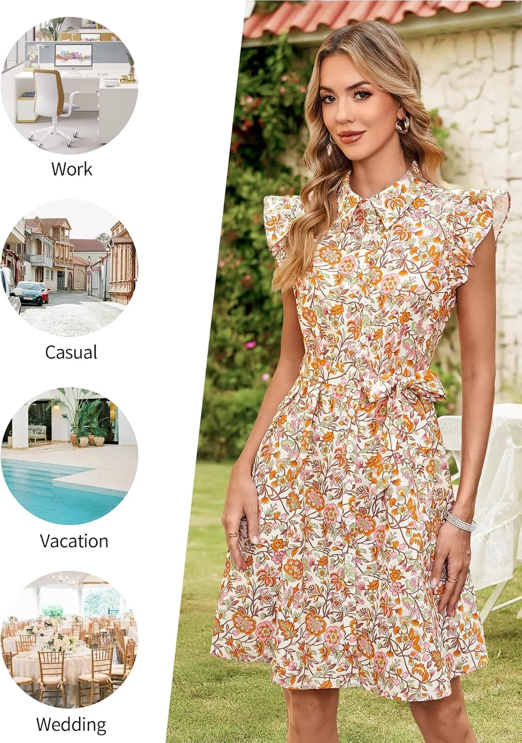 FENSACE Women's Summer Floral Ruffle Sleeve Button Shirt Dress A Line Belted Midi Dresses with Pockets