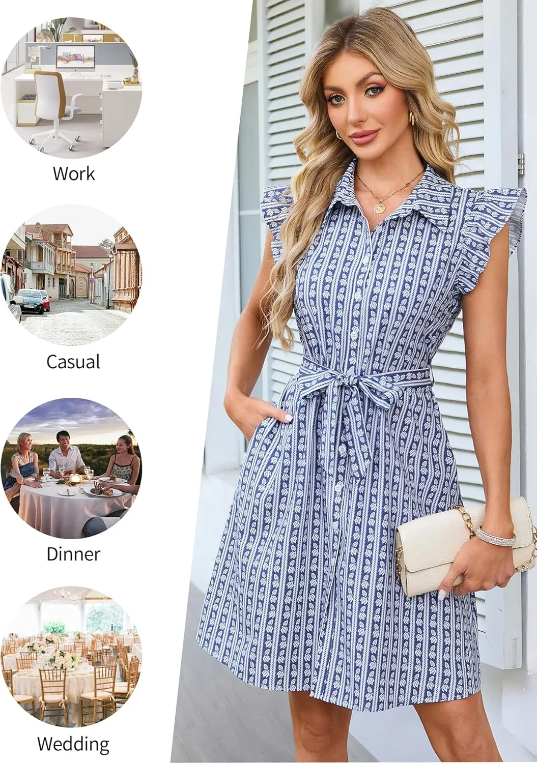 FENSACE Women's Summer Floral Ruffle Sleeve Button Shirt Dress A Line Belted Midi Dresses with Pockets