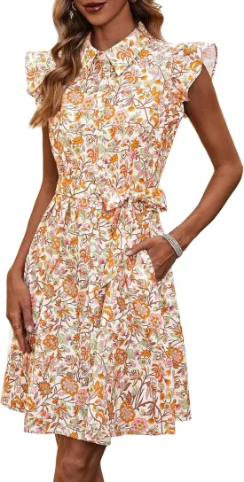 FENSACE Women's Summer Floral Ruffle Sleeve Button Shirt Dress A Line Belted Midi Dresses with Pockets