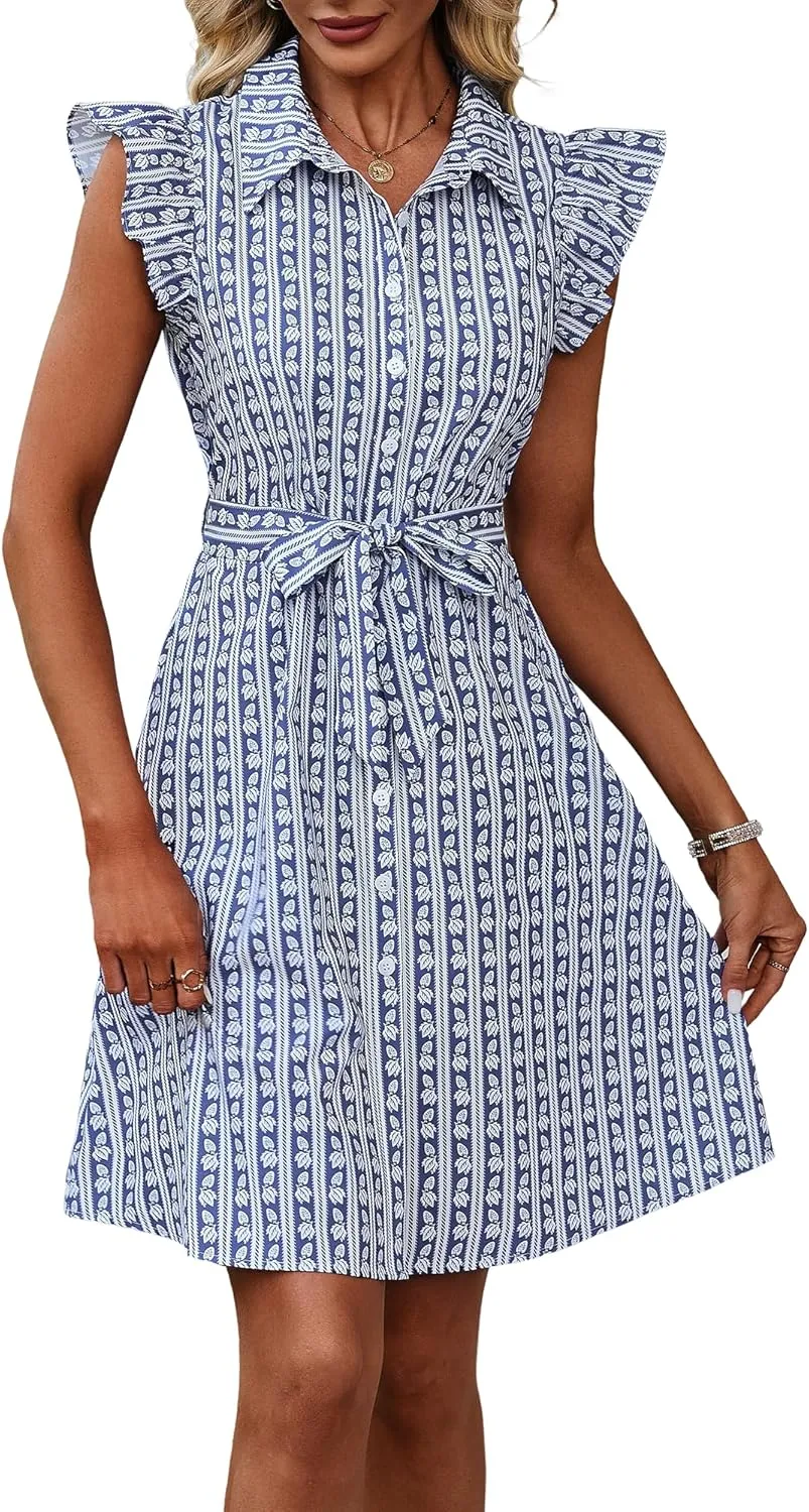 FENSACE Women's Summer Floral Ruffle Sleeve Button Shirt Dress A Line Belted Midi Dresses with Pockets