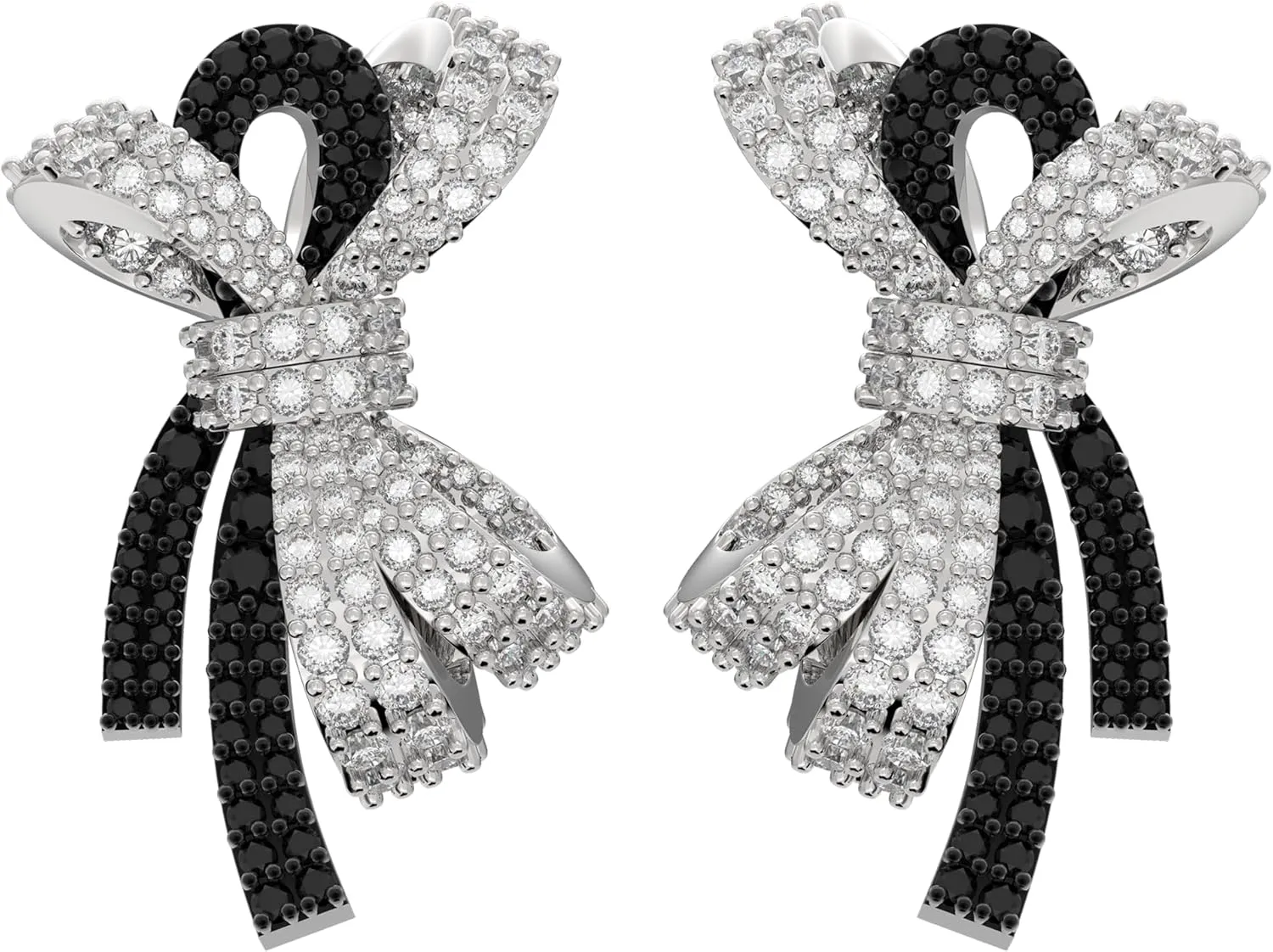 Gold-Plated Black and White Sparkling 5A Cubic Zirconia CZ Ribbon Bow Stud Earrings 925 Sterling Silver Ear PostsTrendy Anniversary and Birthday Gifts for Women