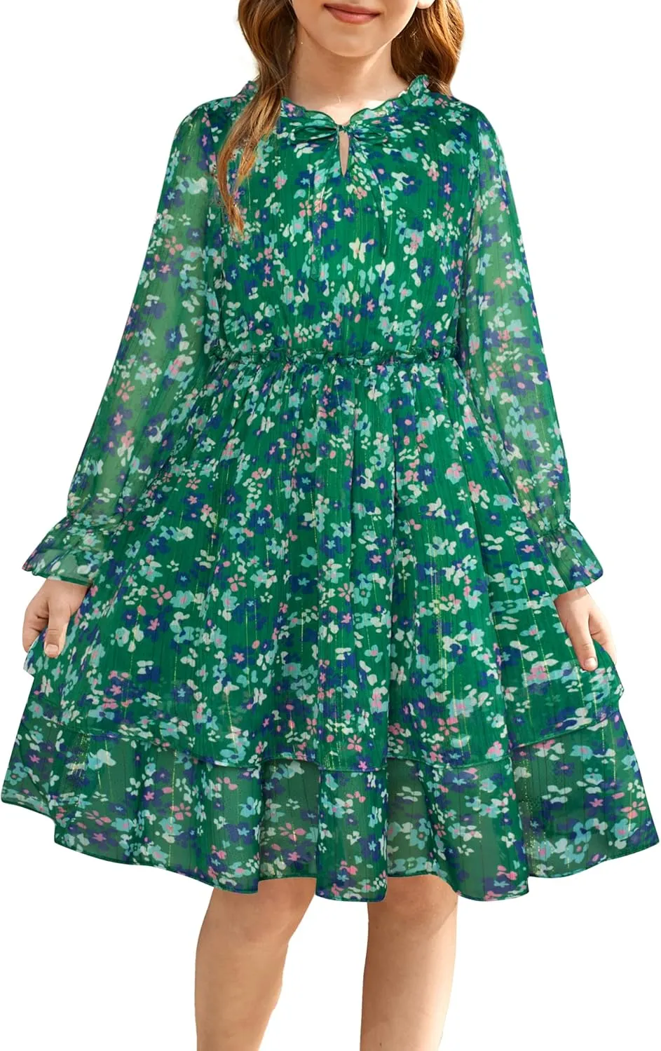 GRACE KARIN Girls Fall Long Sleeve Dress Formal Party Holiday Smocked Waist Midi Dresses 5-12Years