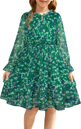 GRACE KARIN Girls Fall Long Sleeve Dress Formal Party Holiday Smocked Waist Midi Dresses 5-12Years