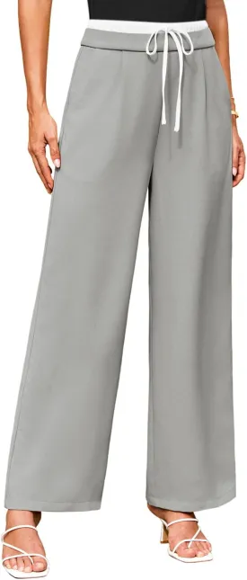 GRACE KARIN Women's Pant Wide Leg Color Block Elastic Drawstring Waist Pants for Women with Pocket and Side Zip