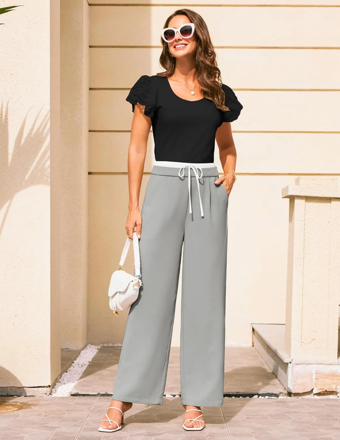 GRACE KARIN Women's Pant Wide Leg Color Block Elastic Drawstring Waist Pants for Women with Pocket and Side Zip