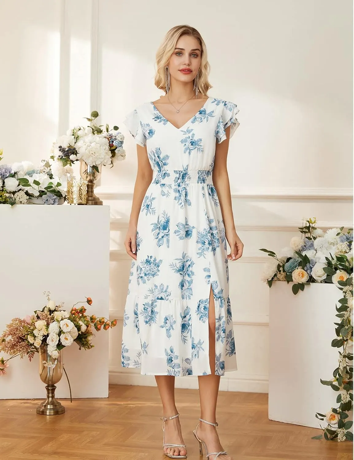 GRACE KARIN Women's V Neck Ruffle Sleeve Summer Dress 2025 Split Flowy Tiered Midi Dress Wedding Guest Cocktail Dresses