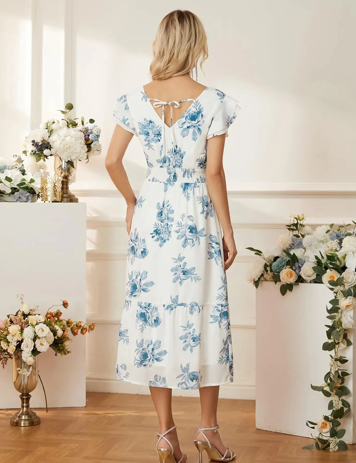 GRACE KARIN Women's V Neck Ruffle Sleeve Summer Dress 2025 Split Flowy Tiered Midi Dress Wedding Guest Cocktail Dresses