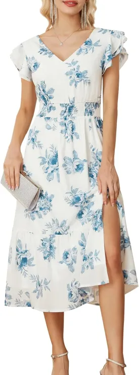 GRACE KARIN Women's V Neck Ruffle Sleeve Summer Dress 2025 Split Flowy Tiered Midi Dress Wedding Guest Cocktail Dresses
