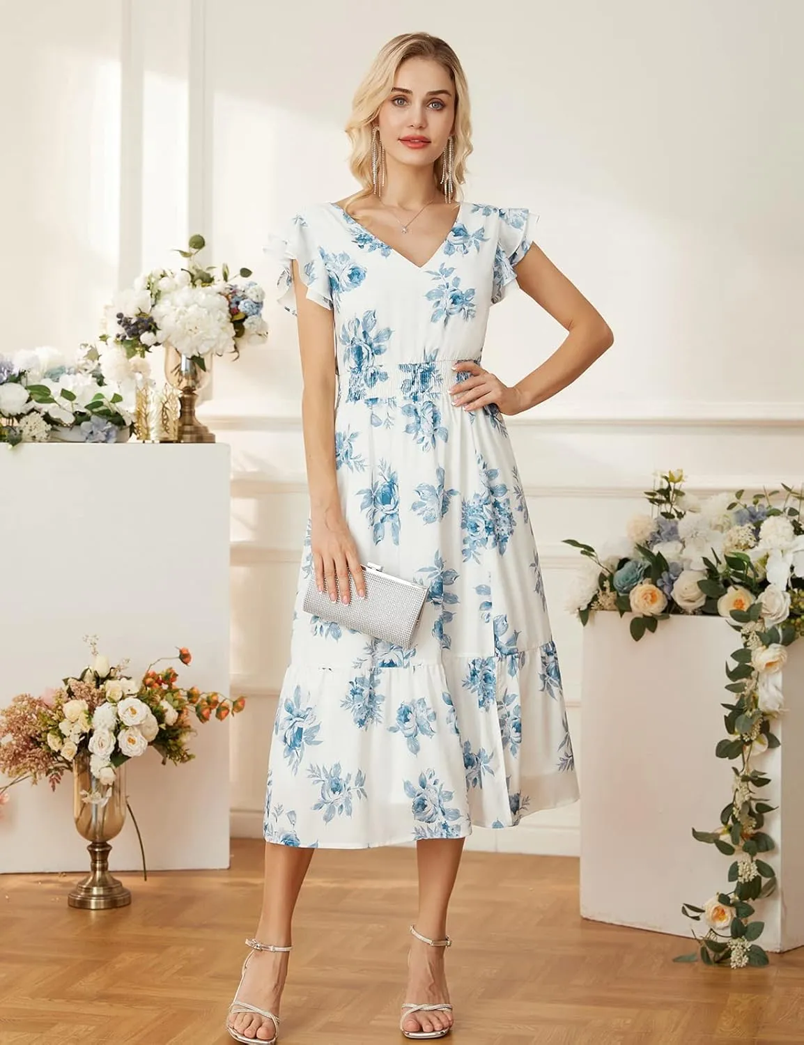 GRACE KARIN Women's V Neck Ruffle Sleeve Summer Dress 2025 Split Flowy Tiered Midi Dress Wedding Guest Cocktail Dresses